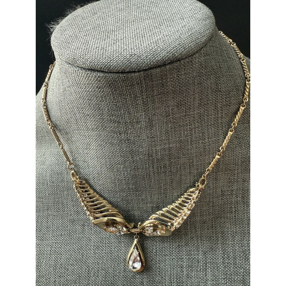 Vintage Coro Glass Navette Clear Rhinestone Choker Bib Statement Necklace Y2K